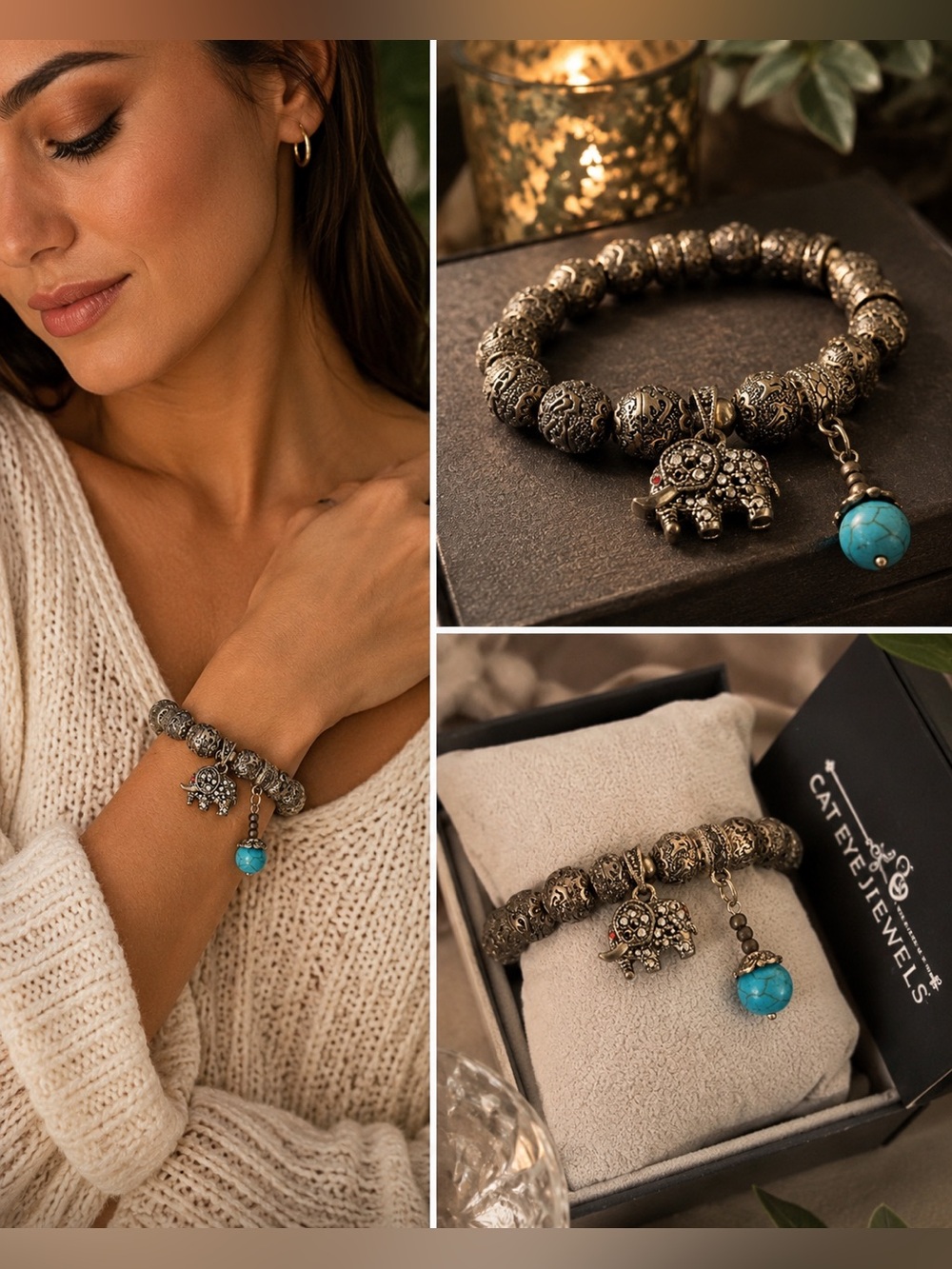 Tibetan Silver Elephant Charm Bracelet Turquoise Beaded Unisex